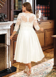 Jocelynn A-Line Illusion Tea-Length Satin Wedding Dress With Lace UKP0016992