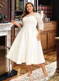 Jocelynn A-Line Illusion Tea-Length Satin Wedding Dress With Lace UKP0016992