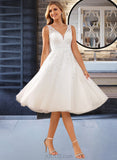 Blanche A-Line V-neck Knee-Length Tulle Lace Wedding Dress With Lace UKP0016993