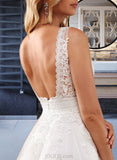 Blanche A-Line V-neck Knee-Length Tulle Lace Wedding Dress With Lace UKP0016993