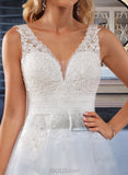 Blanche A-Line V-neck Knee-Length Tulle Lace Wedding Dress With Lace UKP0016993