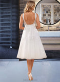 Blanche A-Line V-neck Knee-Length Tulle Lace Wedding Dress With Lace UKP0016993