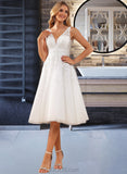 Blanche A-Line V-neck Knee-Length Tulle Lace Wedding Dress With Lace UKP0016993