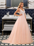 Jacquelyn Ball-Gown/Princess V-neck Court Train Tulle Lace Wedding Dress With Lace Sequins UKP0016997