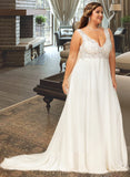 Helga A-Line V-neck Court Train Chiffon Lace Wedding Dress UKP0016998