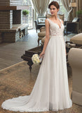 Helga A-Line V-neck Court Train Chiffon Lace Wedding Dress UKP0016998