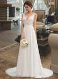 Helga A-Line V-neck Court Train Chiffon Lace Wedding Dress UKP0016998