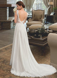 Helga A-Line V-neck Court Train Chiffon Lace Wedding Dress UKP0016998