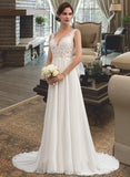 Helga A-Line V-neck Court Train Chiffon Lace Wedding Dress UKP0016998