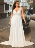 Helga A-Line V-neck Court Train Chiffon Lace Wedding Dress UKP0016998