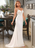 Lesly Trumpet/Mermaid V-neck Court Train Chiffon Lace Wedding Dress With Lace Beading UKP0016999