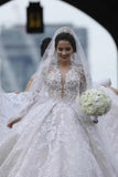 Luxurious Long Sleeves Scoop A Line Lace Wedding Dresses With Pearls Royal Train