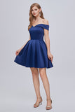 Cute Blue Off The Shoulder Lace Up Satin Homecoming Dresses