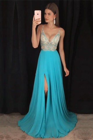 Modest V-Neck Long A-Line Beading Chiffon Prom Dresses Party Dresses