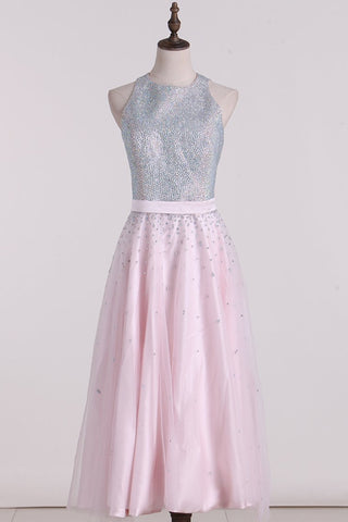 Scoop Beaded Bodice A Line Tulle Tea Length Prom Dresses