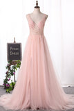 New Arrival Straps A Line Tulle Prom Dresses With Beading And Slit