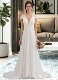 Mara A-Line V-neck Sweep Train Chiffon Lace Wedding Dress With Ruffle UKP0017000