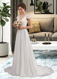 Mara A-Line V-neck Sweep Train Chiffon Lace Wedding Dress With Ruffle UKP0017000