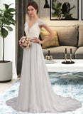 Mara A-Line V-neck Sweep Train Chiffon Lace Wedding Dress With Ruffle UKP0017000