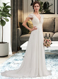 Mara A-Line V-neck Sweep Train Chiffon Lace Wedding Dress With Ruffle UKP0017000