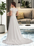 Mara A-Line V-neck Sweep Train Chiffon Lace Wedding Dress With Ruffle UKP0017000