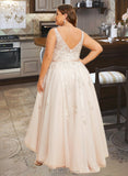 Kendal A-Line V-neck Asymmetrical Satin Tulle Lace Wedding Dress With Bow(s) UKP0017002