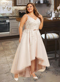 Kendal A-Line V-neck Asymmetrical Satin Tulle Lace Wedding Dress With Bow(s) UKP0017002