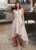 Kendal A-Line V-neck Asymmetrical Satin Tulle Lace Wedding Dress With Bow(s) UKP0017002