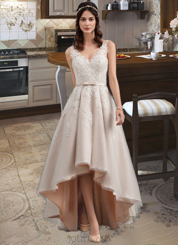 Kendal A-Line V-neck Asymmetrical Satin Tulle Lace Wedding Dress With Bow(s) UKP0017002