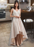 Kendal A-Line V-neck Asymmetrical Satin Tulle Lace Wedding Dress With Bow(s) UKP0017002