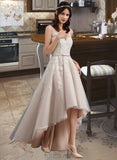 Kendal A-Line V-neck Asymmetrical Satin Tulle Lace Wedding Dress With Bow(s) UKP0017002