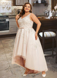 Kendal A-Line V-neck Asymmetrical Satin Tulle Lace Wedding Dress With Bow(s) UKP0017002