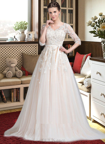 Cassandra Ball-Gown/Princess V-neck Court Train Satin Tulle Wedding Dress With Beading Appliques Lace Sequins Bow(s) UKP0017004