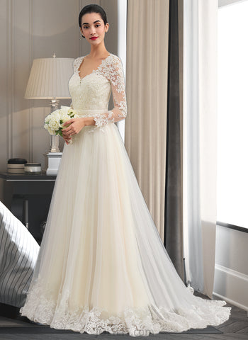 Phyllis Ball-Gown/Princess V-neck Sweep Train Tulle Lace Wedding Dress UKP0017005