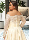 Sarah Ball-Gown/Princess Off-the-Shoulder Sweep Train Satin Lace Wedding Dress With Beading Sequins UKP0017007