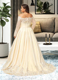 Sarah Ball-Gown/Princess Off-the-Shoulder Sweep Train Satin Lace Wedding Dress With Beading Sequins UKP0017007