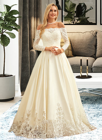 Sarah Ball-Gown/Princess Off-the-Shoulder Sweep Train Satin Lace Wedding Dress With Beading Sequins UKP0017007