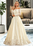 Sarah Ball-Gown/Princess Off-the-Shoulder Sweep Train Satin Lace Wedding Dress With Beading Sequins UKP0017007