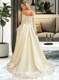 Sarah Ball-Gown/Princess Off-the-Shoulder Sweep Train Satin Lace Wedding Dress With Beading Sequins UKP0017007