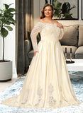 Sarah Ball-Gown/Princess Off-the-Shoulder Sweep Train Satin Lace Wedding Dress With Beading Sequins UKP0017007