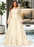 Sarah Ball-Gown/Princess Off-the-Shoulder Sweep Train Satin Lace Wedding Dress With Beading Sequins UKP0017007