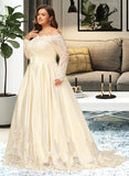 Sarah Ball-Gown/Princess Off-the-Shoulder Sweep Train Satin Lace Wedding Dress With Beading Sequins UKP0017007