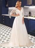 Janey Ball-Gown/Princess V-neck Court Train Tulle Lace Wedding Dress With Lace Beading Sequins UKP0017008