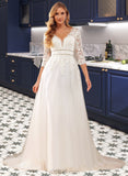 Janey Ball-Gown/Princess V-neck Court Train Tulle Lace Wedding Dress With Lace Beading Sequins UKP0017008