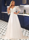 Janey Ball-Gown/Princess V-neck Court Train Tulle Lace Wedding Dress With Lace Beading Sequins UKP0017008