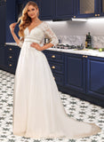 Janey Ball-Gown/Princess V-neck Court Train Tulle Lace Wedding Dress With Lace Beading Sequins UKP0017008