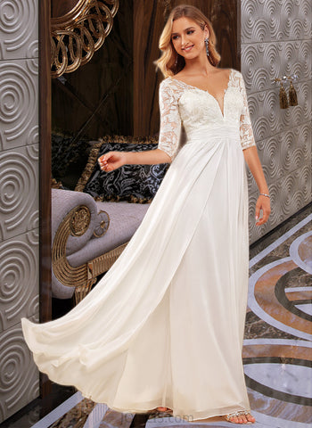 Ayanna A-Line V-neck Floor-Length Chiffon Lace Wedding Dress With Ruffle Lace Sequins UKP0017009