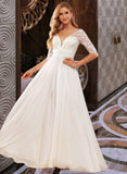 Ayanna A-Line V-neck Floor-Length Chiffon Lace Wedding Dress With Ruffle Lace Sequins UKP0017009