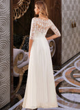 Ayanna A-Line V-neck Floor-Length Chiffon Lace Wedding Dress With Ruffle Lace Sequins UKP0017009