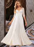 Ayanna A-Line V-neck Floor-Length Chiffon Lace Wedding Dress With Ruffle Lace Sequins UKP0017009